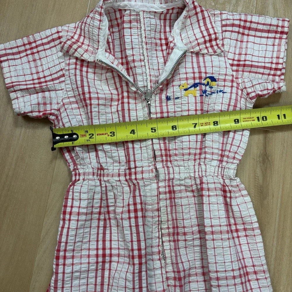 Vintage Baby Romper 12 Month Seersucker Red And White Checkered Zipper 1960s